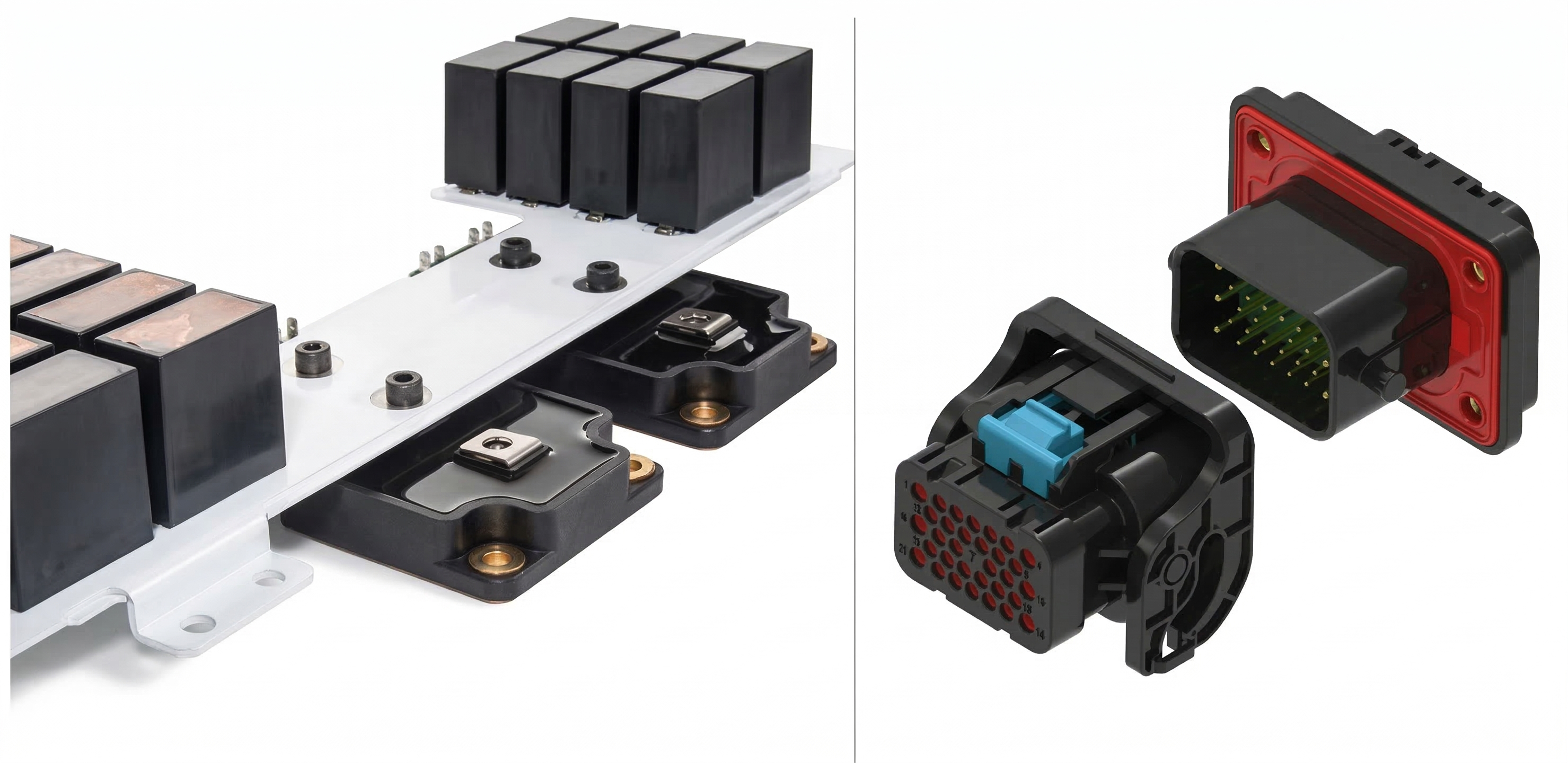 Precision insert molding applications: an EV power busbar assembly and a multi-pin automotive waterproof connector.