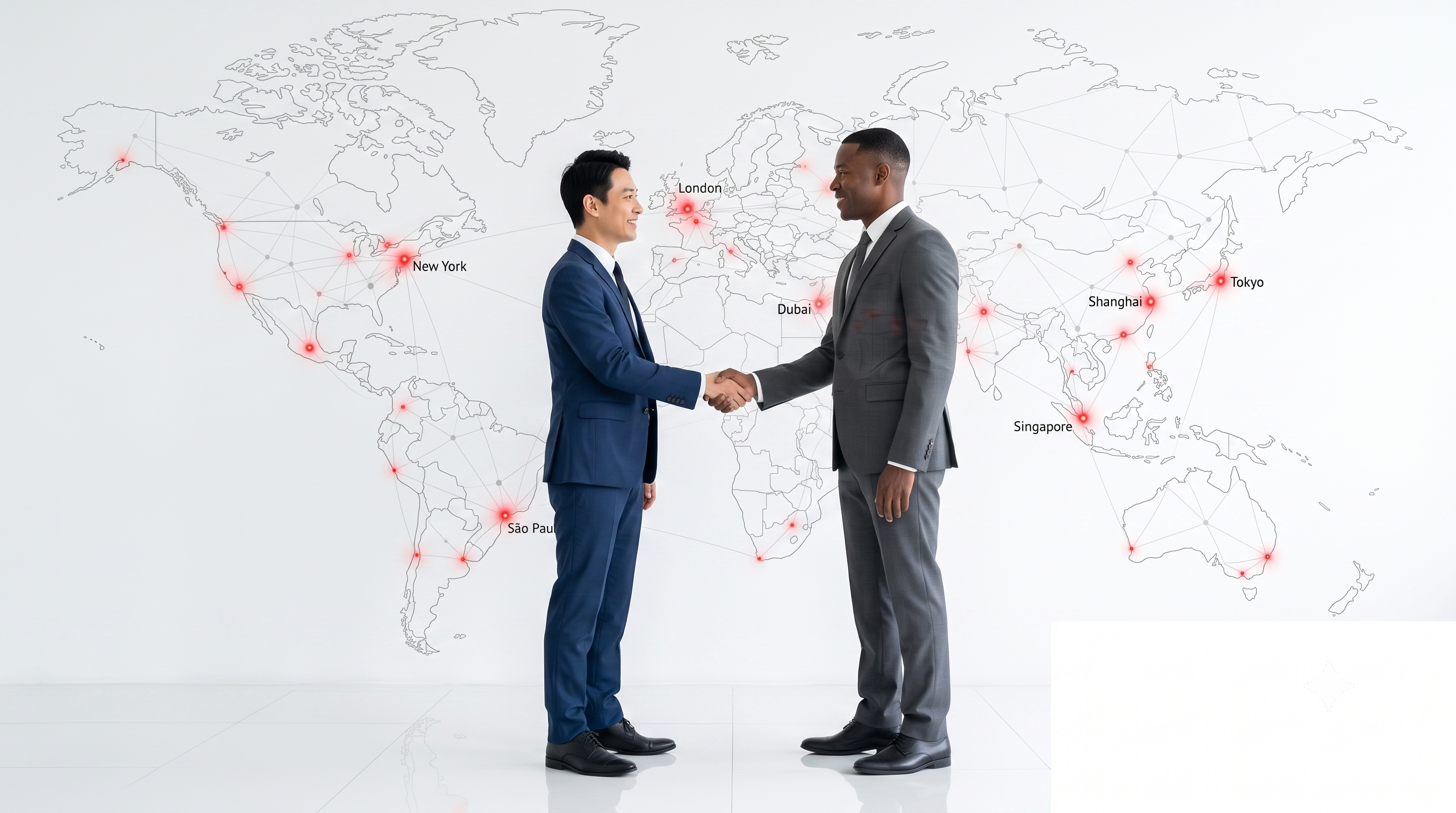 Two businessmen shaking hands in front of a global network map, representing Canyang Machinery's worldwide distributor partnership and vertical injection molding machine solutions.